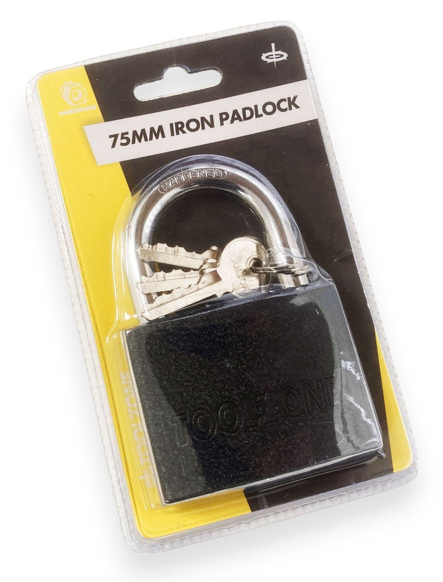 PADLOCK IRON 75mm HARDENED SHACKLE BRASS CORE WITH 3 KEYS - TOOLZONE KDPLK112 thumbnail 2
