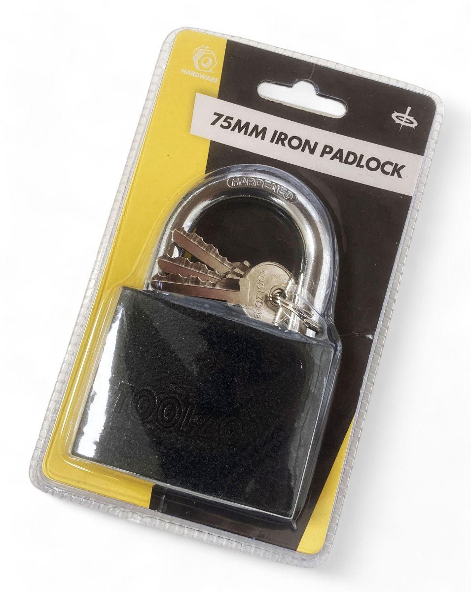 PADLOCK IRON 75mm HARDENED SHACKLE BRASS CORE WITH 3 KEYS - TOOLZONE KDPLK112 thumbnail 3