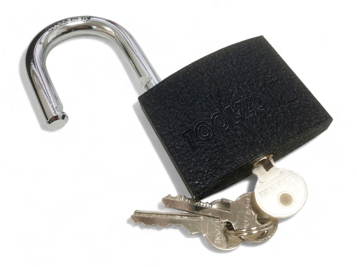 PADLOCK IRON 75mm HARDENED SHACKLE BRASS CORE WITH 3 KEYS - TOOLZONE KDPLK112 thumbnail 6