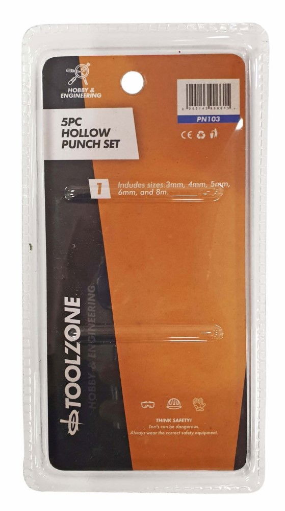 HOLLOW PUNCH SET 5PC 3mm, 4mm, 5mm, 6mm, 8mm HIGH CARBON STEEL - TOOLZONE KDPPN103 thumbnail 2