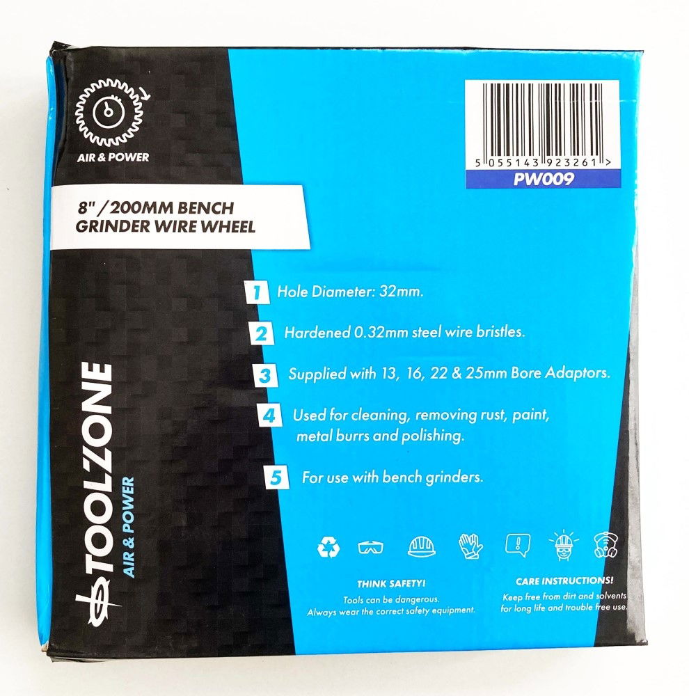 WIRE WHEEL 8 FOR BENCH GRINDER 32mm HOLE WITH BORE ADAPTORS - TOOLZONE KDPPW009 thumbnail 3