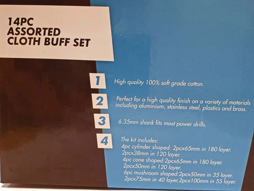 BUFF SET ASSORTED CLOTH 14PC 1/4 SHANK COTTON FOR DRILLS - TOOLZONE KDPPW164 thumbnail 3