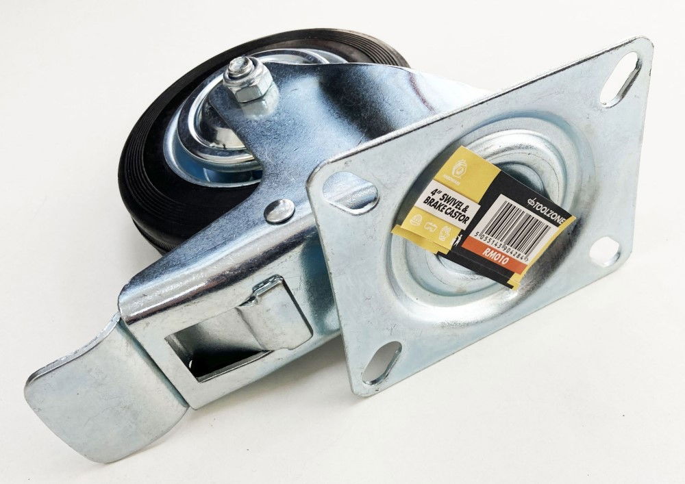 CASTOR SWIVEL WITH BRAKE 4 100mm RUBBER WHEEL STEEL PLATE 80kg - TOOLZONE KDPRM010 thumbnail 4