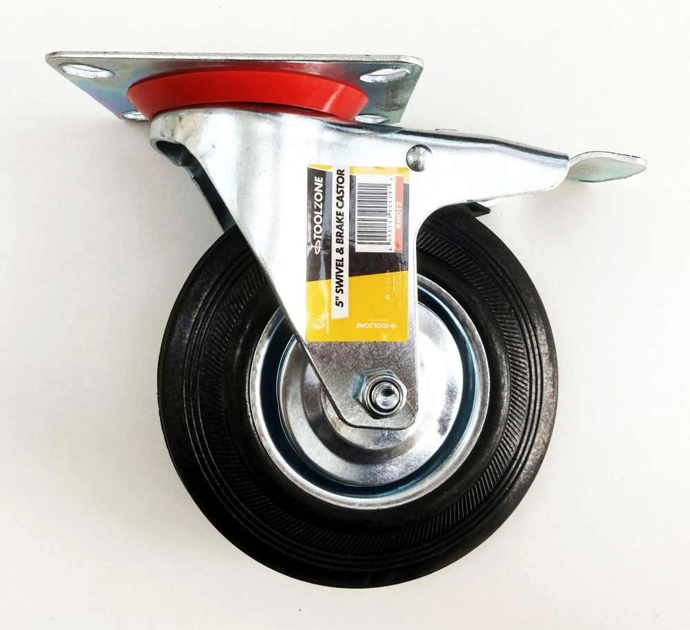CASTOR SWIVEL WITH BRAKE 5 125mm RUBBER WHEEL STEEL PLATE 70kg - TOOLZONE KDPRM013 thumbnail 2