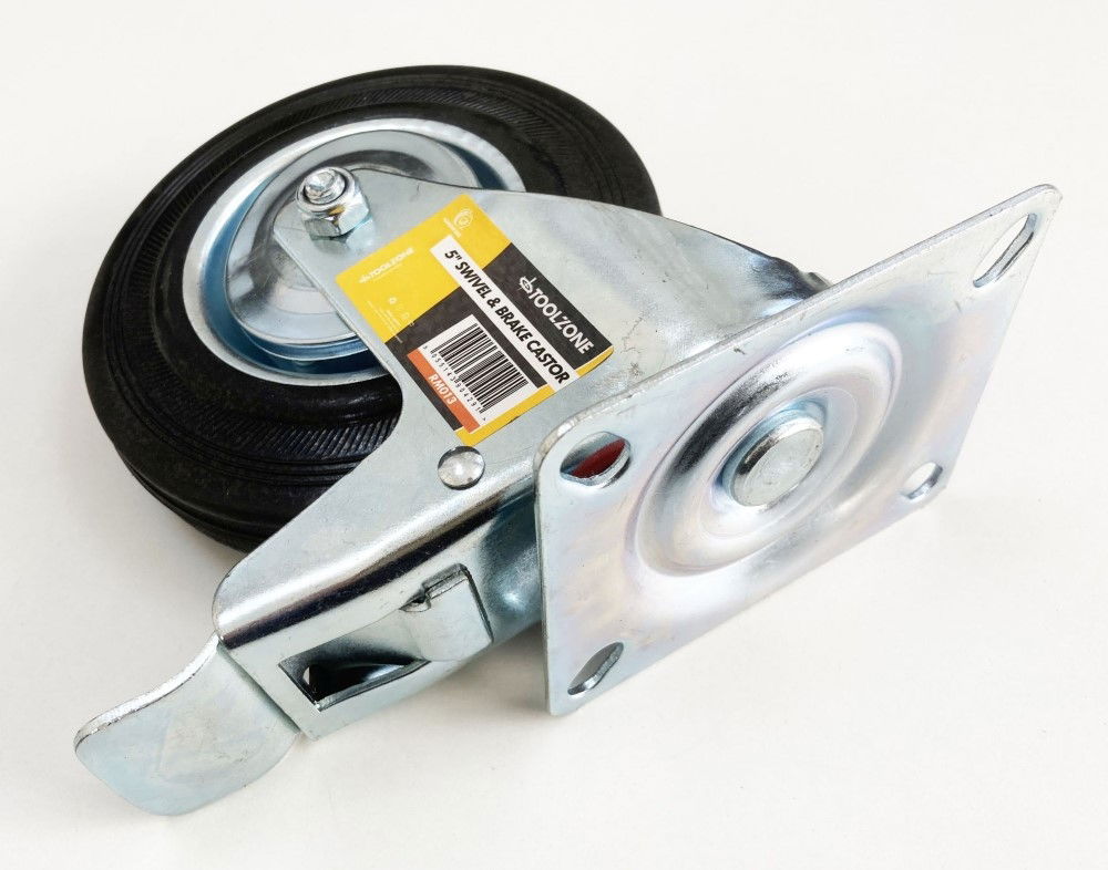 CASTOR SWIVEL WITH BRAKE 5 125mm RUBBER WHEEL STEEL PLATE 70kg - TOOLZONE KDPRM013 thumbnail 3