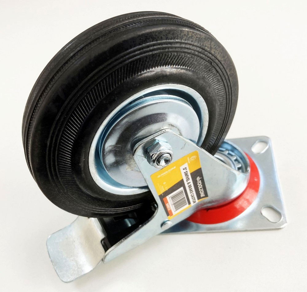 CASTOR SWIVEL WITH BRAKE 5 125mm RUBBER WHEEL STEEL PLATE 70kg - TOOLZONE KDPRM013 thumbnail 4