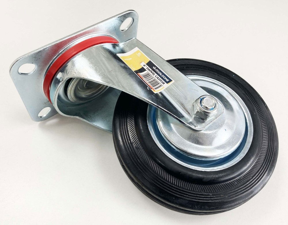 CASTOR SWIVEL 6 150mm RUBBER WHEEL STEEL PLATE 130kg - TOOLZONE KDPRM015 thumbnail 2