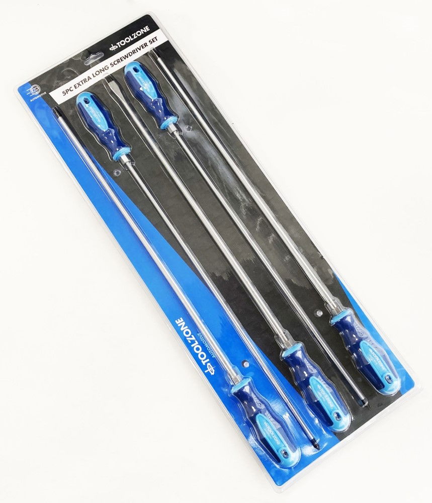 EXTRA-LONG SCREWDRIVER SET 5PC 450mm PZ2 PZ3 PH2 PH3 8mm - TOOLZONE KDPSD074 image 1