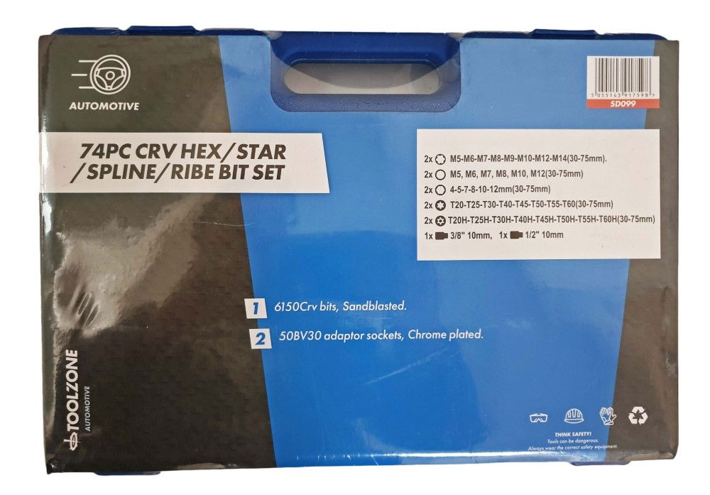 BIT SET 74PC CRV HEX STAR SPLINE RIBE 30mm 75mm - TOOLZONE KDPSD099 thumbnail 2