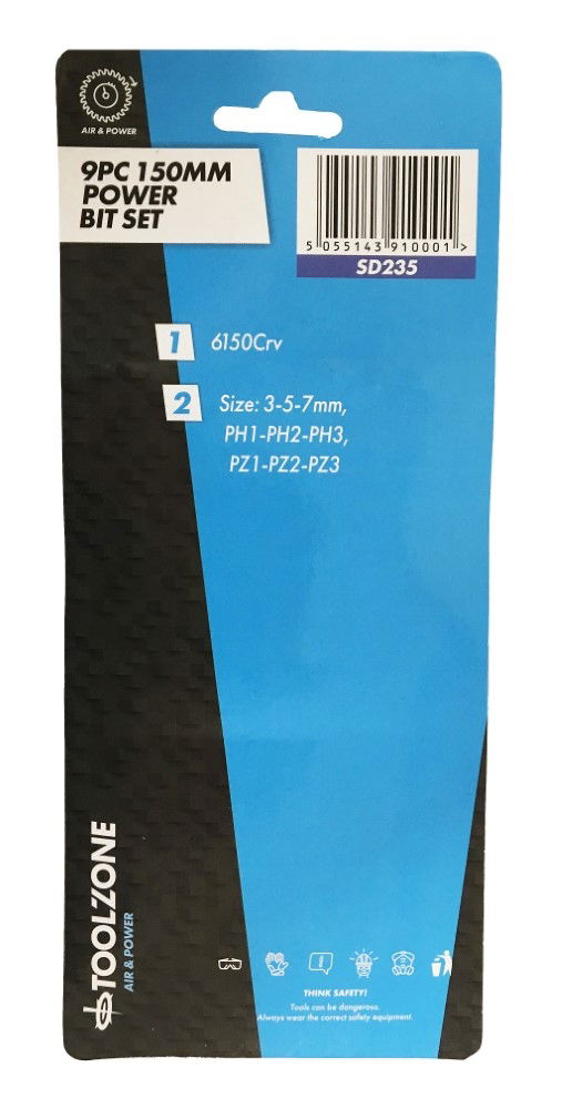POWER BIT SET CRV 9PC 150mm SLOT 3-7mm PHILLIPS 1-3 POZI 1-3 - TOOLZONE KDPSD235 thumbnail 5