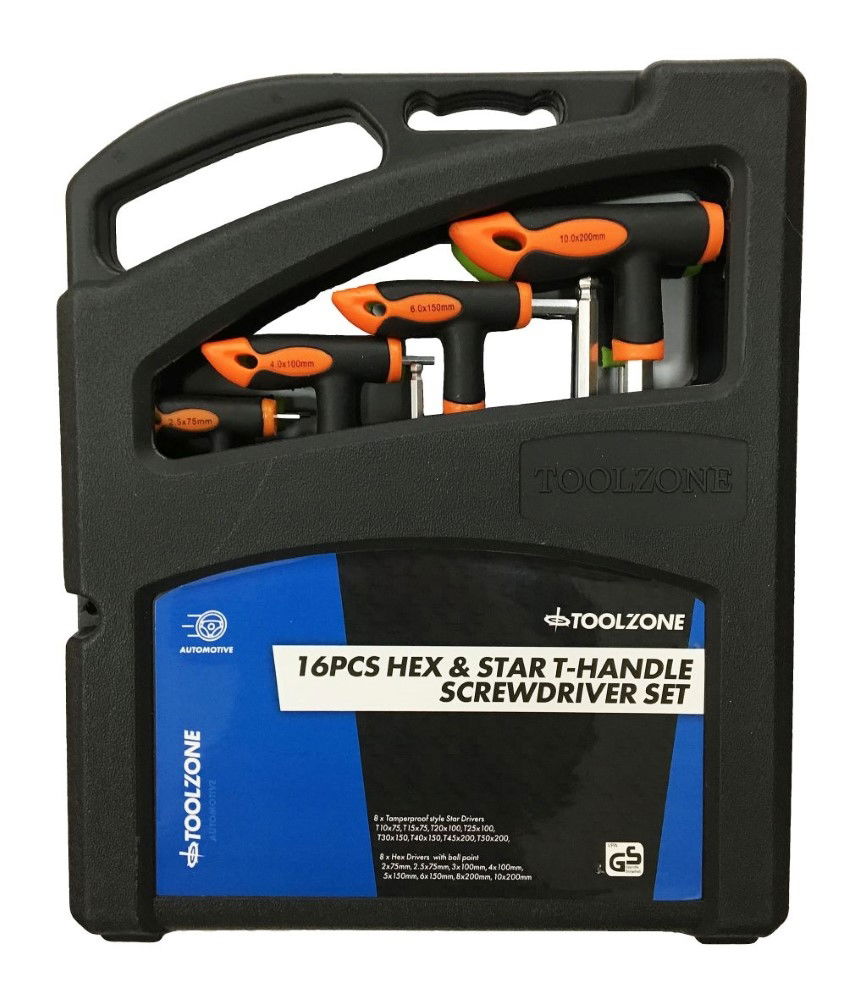 T HANDLE HEX AND STAR SCREWDRIVER SET 16PC CRV - TOOLZONE KDPSD305 thumbnail 2