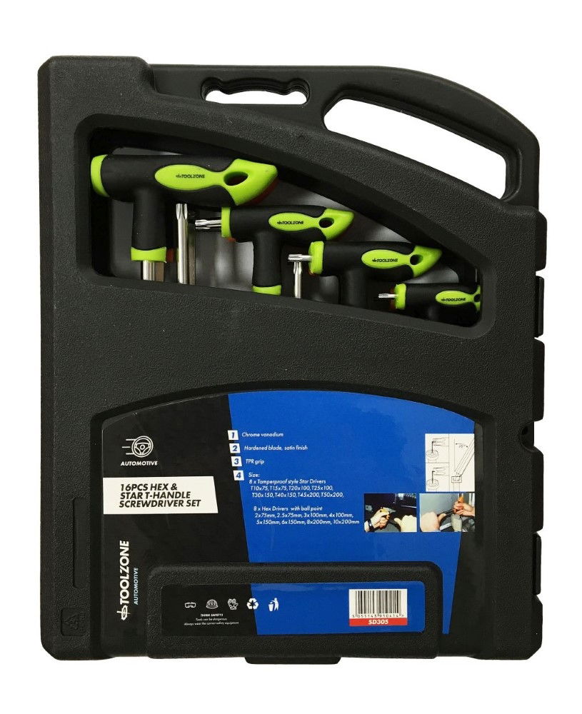 T HANDLE HEX AND STAR SCREWDRIVER SET 16PC CRV - TOOLZONE KDPSD305 thumbnail 3