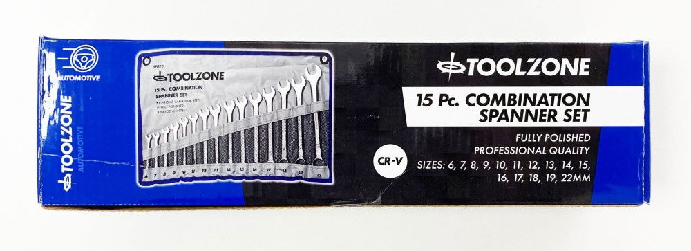 COMBINATION SPANNER SET 15PC 6-19mm 22mm CHROME VANADIUM SATIN - TOOLZONE KDPSP020 thumbnail 2