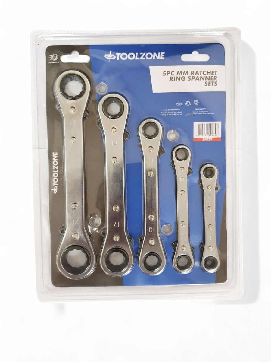 FLAT RATCHET RING SPANNER SET 5PC 6x8mm TO 19x21mm CHROME PLATED - TOOLZONE KDPSP029 thumbnail 4