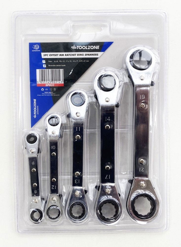 OFFSET RATCHET RING SPANNER SET 5PC 6x8mm TO 19x21mm - TOOLZONE KDPSP031 thumbnail 2