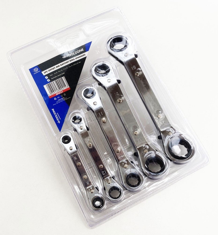 OFFSET RATCHET RING SPANNER SET 5PC 6x8mm TO 19x21mm - TOOLZONE KDPSP031 thumbnail 3