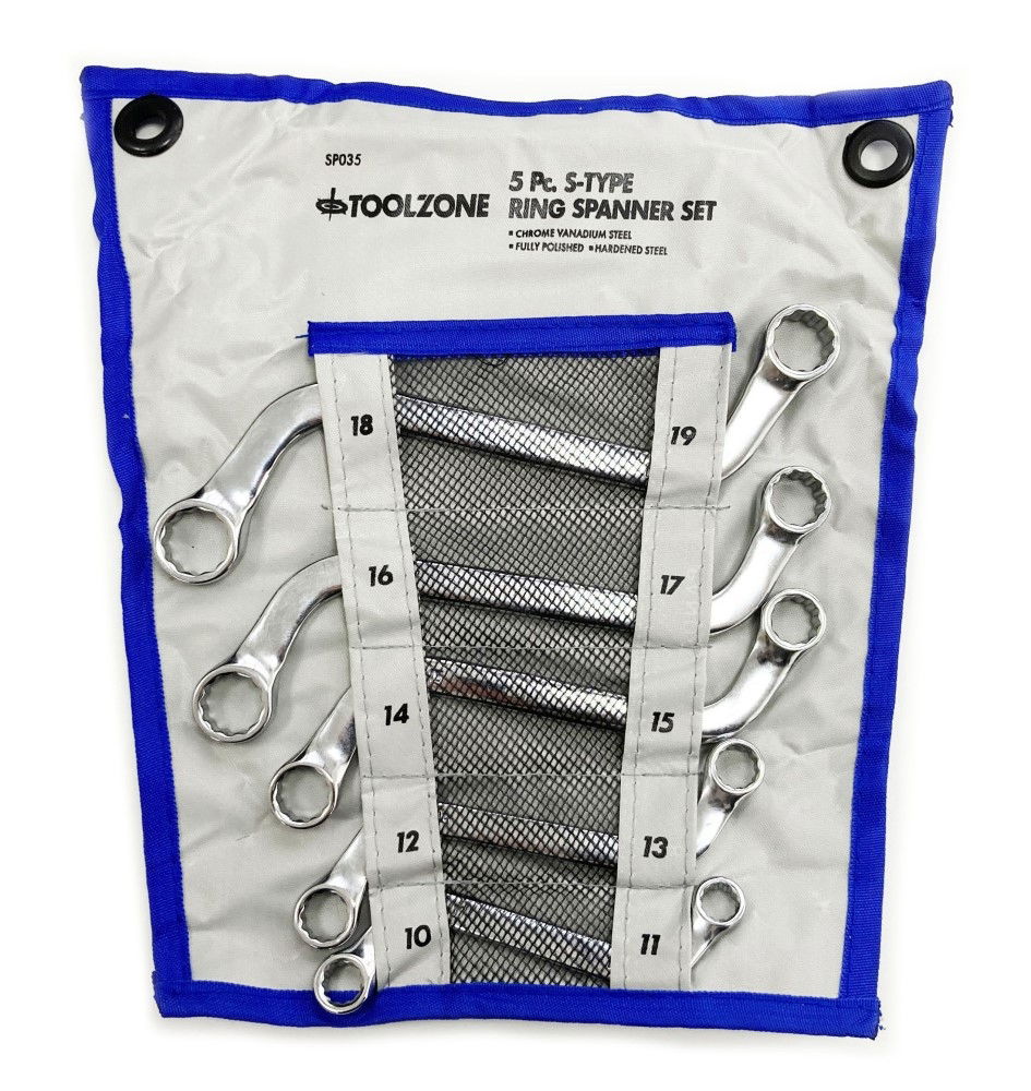 S-SHAPED RING SPANNER SET 5PC 10x11mm TO 18x19mm CHROME VANADIUM POLISHED - TOOLZONE KDPSP035 thumbnail 4