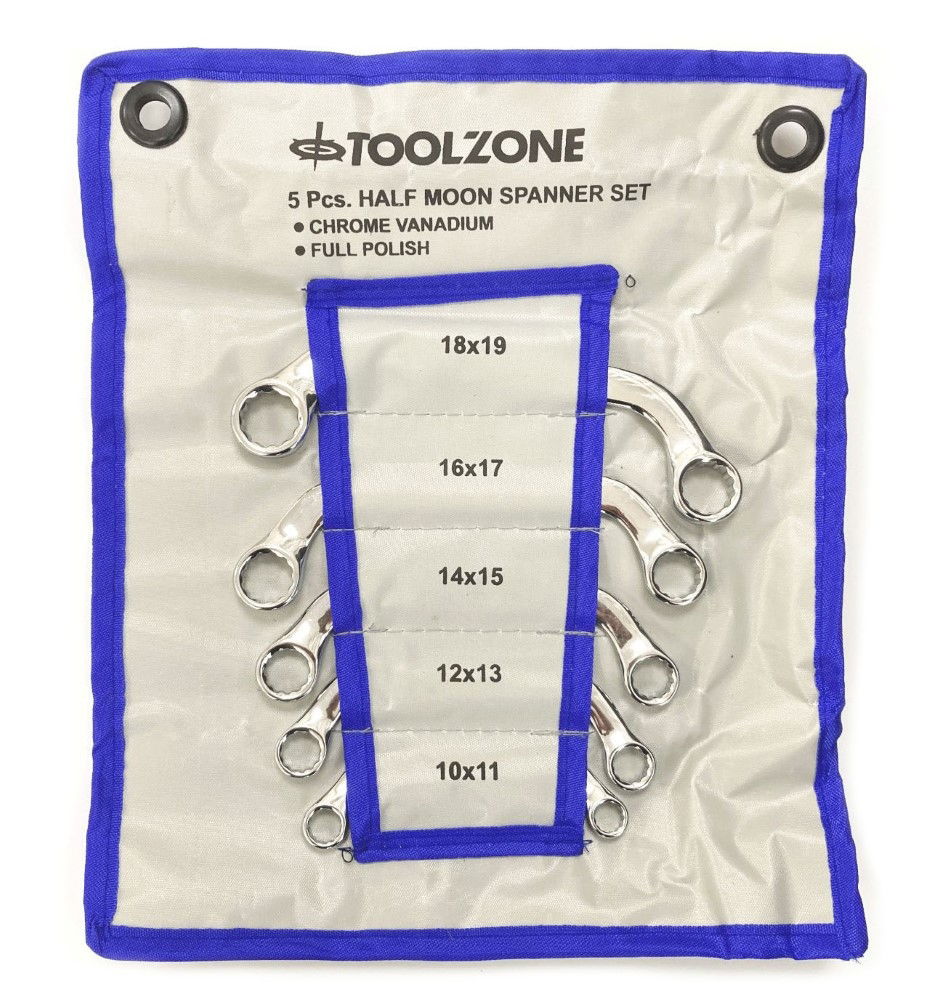 HALF MOON SPANNER SET 5PC 10x11mm TO 18x19mm CHROME VANADIUM SATIN - TOOLZONE KDPSP036 thumbnail 4