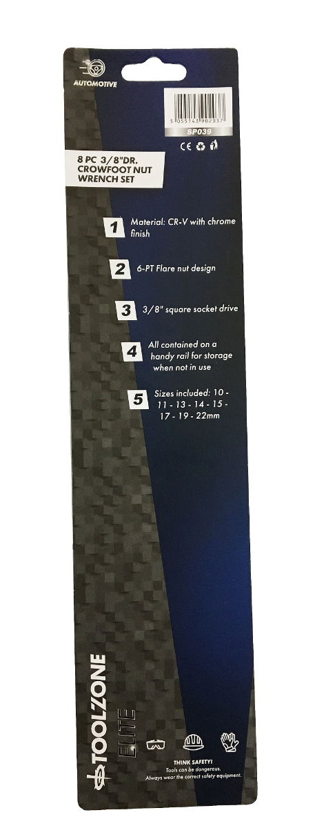 CROWSFOOT SPANNER SET 8PC 3/8 DRIVE 10mm TO 22mm POLISHED - TOOLZONE KDPSP039 thumbnail 3