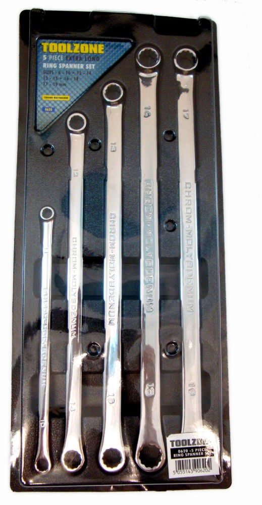 LONG RING SPANNER SET 5PC 8x10 TO 17x19mm CHROME MOLYBDENUM - TOOLZONE KDPSP087 thumbnail 3