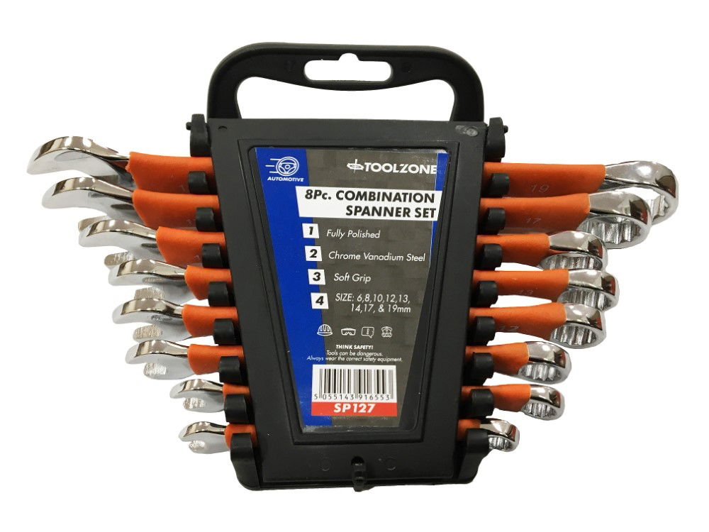 COMBINATION SPANNER SET 8pc SOFTGRIP CHROME VANADIUM POLISHED FINISH - TOOLZONE KDPSP127 image 1