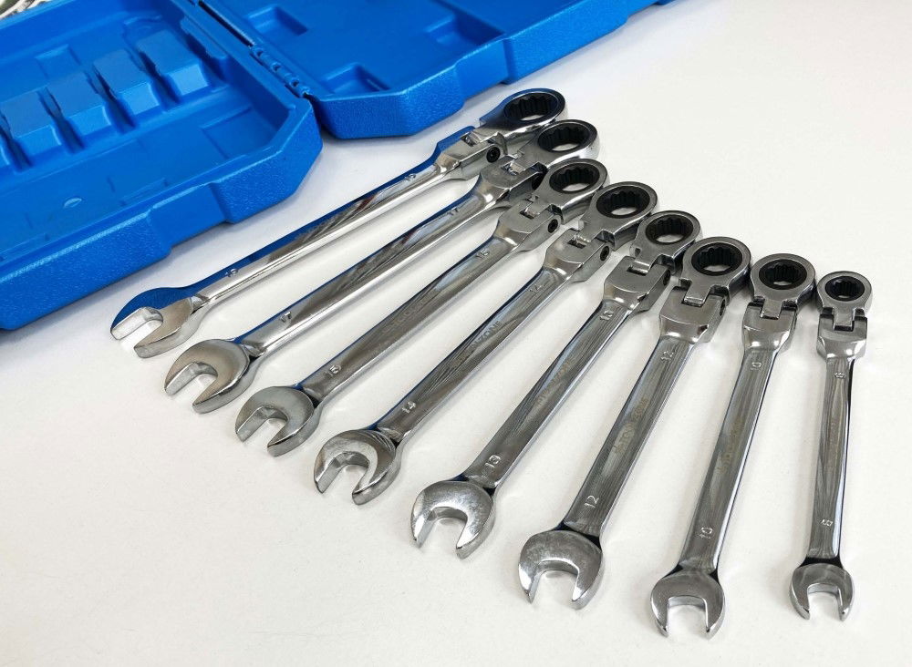 FLEX RATCHET COMBINATION WRENCH SET 8pc METRIC CHROME VANADIUM POLISHED FINISH - TOOLZONE KDPSP128 thumbnail 7