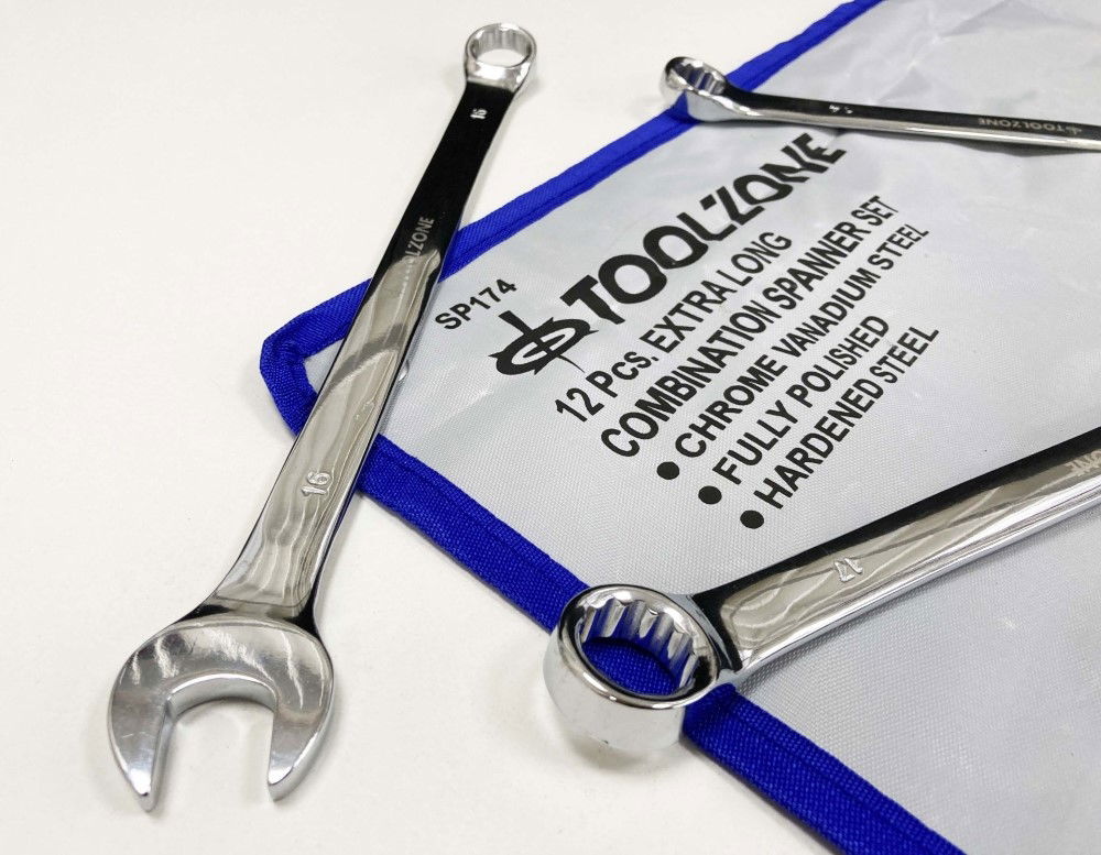 COMBINATION SPANNER SET 12pc EXTRA LONG 8-19mm CHROME VANADIUM IN POUCH - TOOLZONE KDPSP174 thumbnail 8