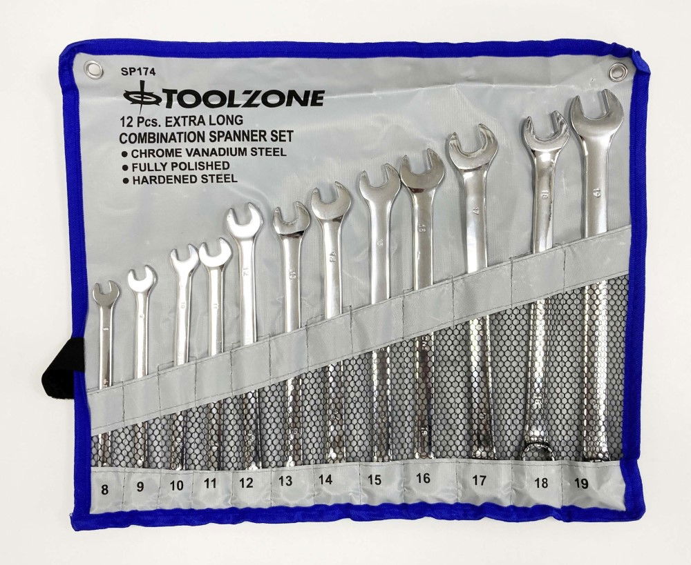 COMBINATION SPANNER SET 12pc EXTRA LONG 8-19mm CHROME VANADIUM IN POUCH - TOOLZONE KDPSP174 thumbnail 9