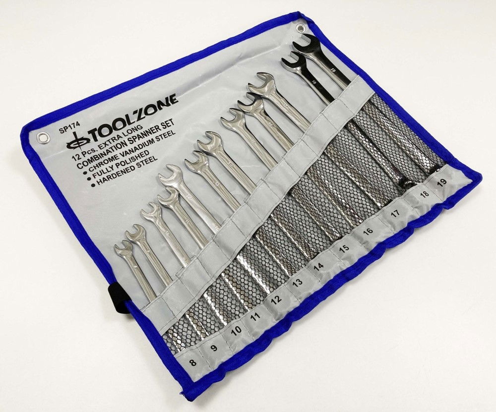 COMBINATION SPANNER SET 12pc EXTRA LONG 8-19mm CHROME VANADIUM IN POUCH - TOOLZONE KDPSP174 thumbnail 10