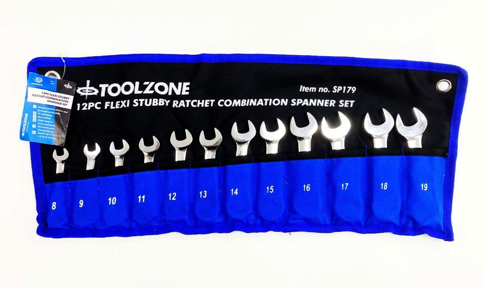 FLEXI STUBBY RATCHET COMBINATION SPANNER SET 12pc 8-19mm 72 TEETH CRV - TOOLZONE KDPSP179 thumbnail 2