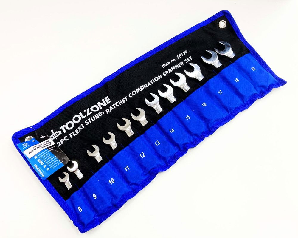 FLEXI STUBBY RATCHET COMBINATION SPANNER SET 12pc 8-19mm 72 TEETH CRV - TOOLZONE KDPSP179 thumbnail 3