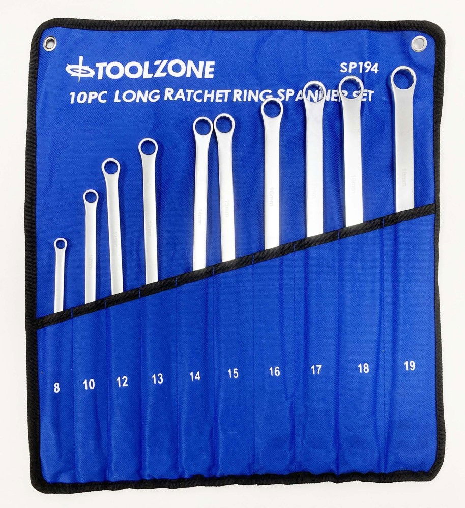 RATCHET SPANNER SET LONG 10pc 8-19mm 72 TEETH 6150CRV MIRROR POLISH - TOOLZONE KDPSP194 thumbnail 2