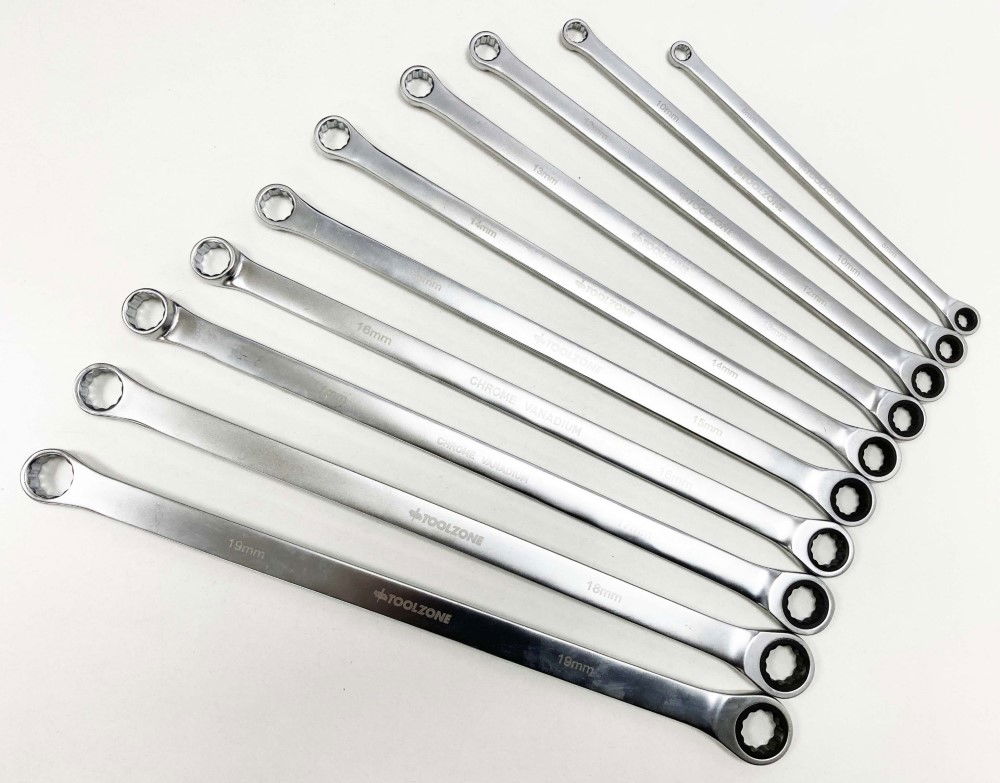 RATCHET SPANNER SET LONG 10pc 8-19mm 72 TEETH 6150CRV MIRROR POLISH - TOOLZONE KDPSP194 thumbnail 5