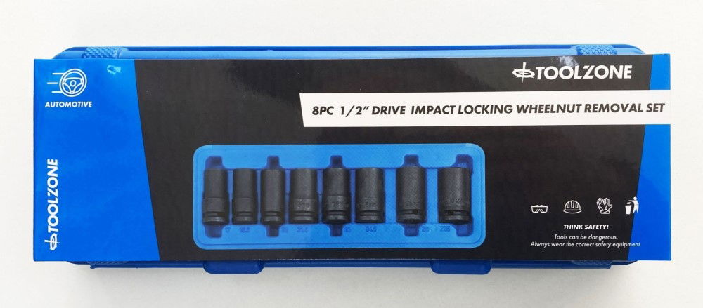 IMPACT NUT WHEEL LOCK REMOVER SET 1/2 DR 8pc 17-27.5mm CHROME MOLYBDENUM - TOOLZONE KDPSS002 image 1