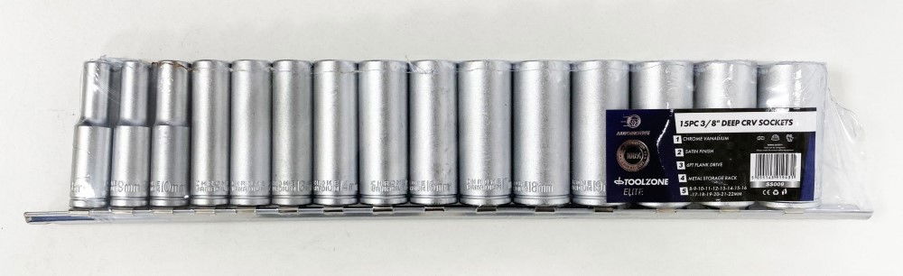 DEEP SOCKET SET 3/8 DRIVE 15pc 8-22mm CRV 6PT ON RAIL - TOOLZONE KDPSS009 thumbnail 2