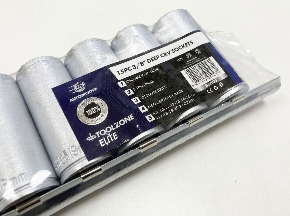 DEEP SOCKET SET 3/8 DRIVE 15pc 8-22mm CRV 6PT ON RAIL - TOOLZONE KDPSS009 thumbnail 3
