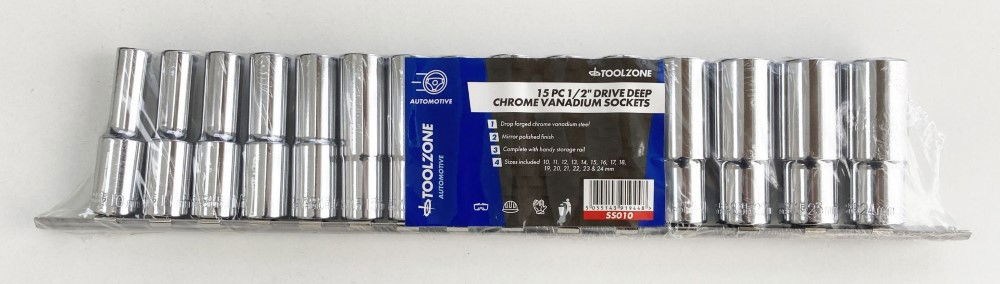 DEEP SOCKET SET 1/2 DRIVE 15pc 10-24mm CRV 6PT ON RAIL - TOOLZONE KDPSS010 thumbnail 2