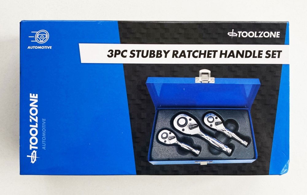STUBBY RATCHET HANDLE SET 3pc 1/4 3/8 1/2 DRIVE 72 TEETH CRV - TOOLZONE KDPSS015 thumbnail 2