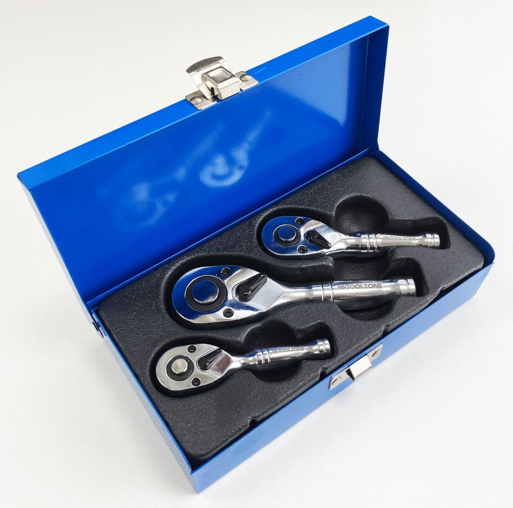 STUBBY RATCHET HANDLE SET 3pc 1/4 3/8 1/2 DRIVE 72 TEETH CRV - TOOLZONE KDPSS015 thumbnail 8