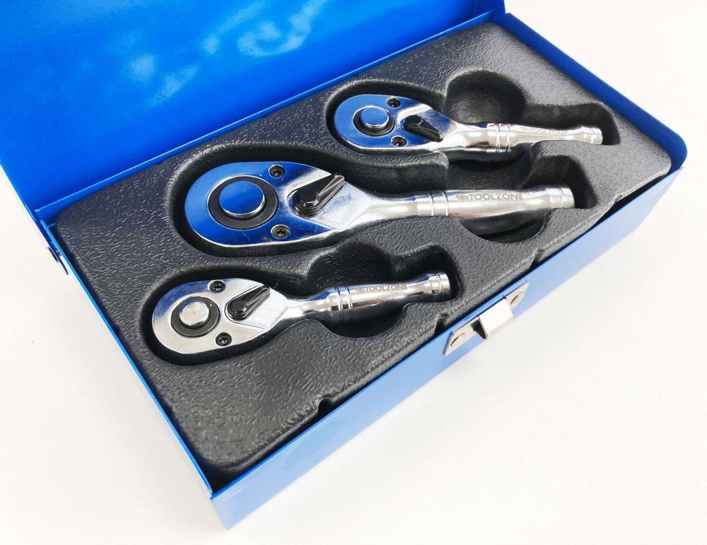 STUBBY RATCHET HANDLE SET 3pc 1/4 3/8 1/2 DRIVE 72 TEETH CRV - TOOLZONE KDPSS015 thumbnail 9