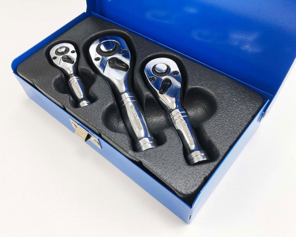 STUBBY RATCHET HANDLE SET 3pc 1/4 3/8 1/2 DRIVE 72 TEETH CRV - TOOLZONE KDPSS015 thumbnail 10