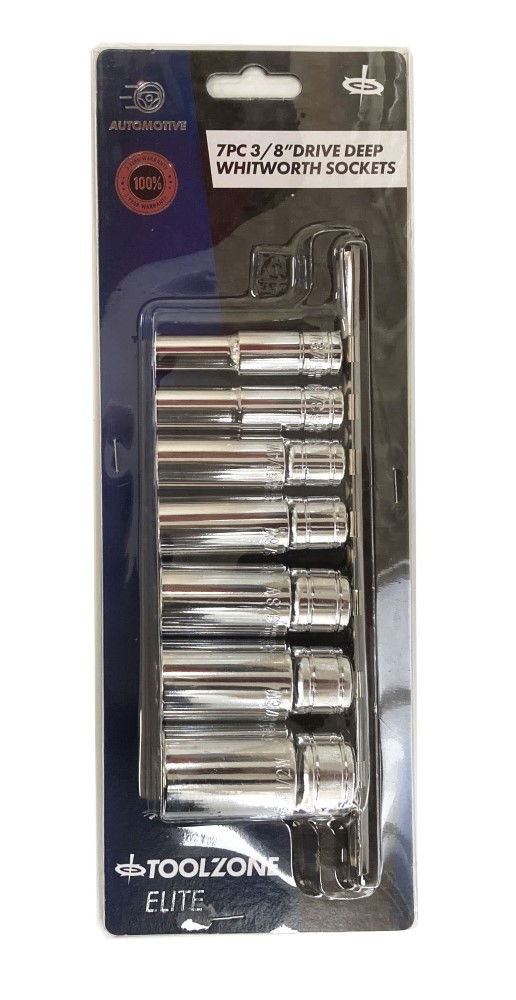 DEEP SOCKET SET 3/8 DRIVE 7pc WHITWORTH 1/8-1/2WW CRV ON RAIL - TOOLZONE KDPSS019 image 1