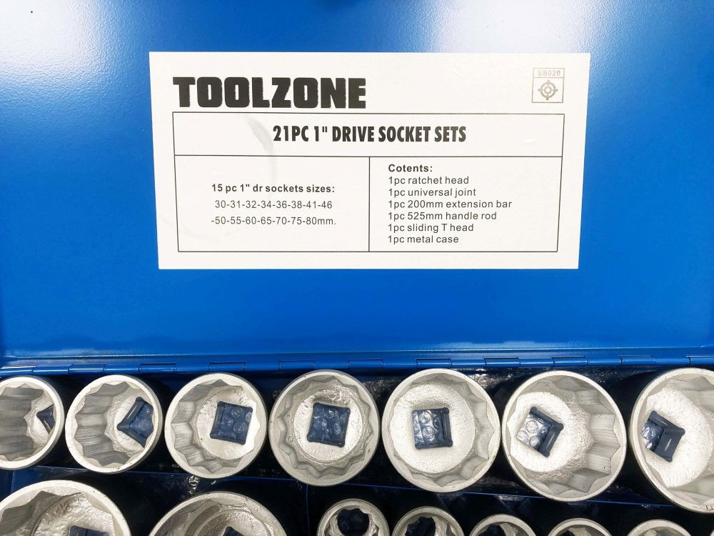 SOCKET SET 1 DRIVE 21pc 30-80mm WITH ACCESSORIES IN METAL CASE - TOOLZONE KDPSS020 thumbnail 6