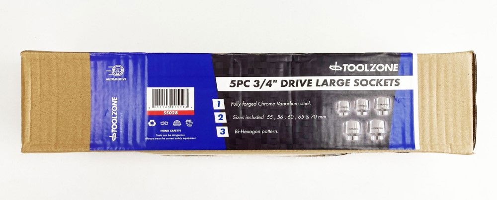 SOCKET SET 3/4 DRIVE 5pc 55mm 56mm 60mm 65mm 70mm CRV SINGLE HEX - TOOLZONE KDPSS028 thumbnail 2