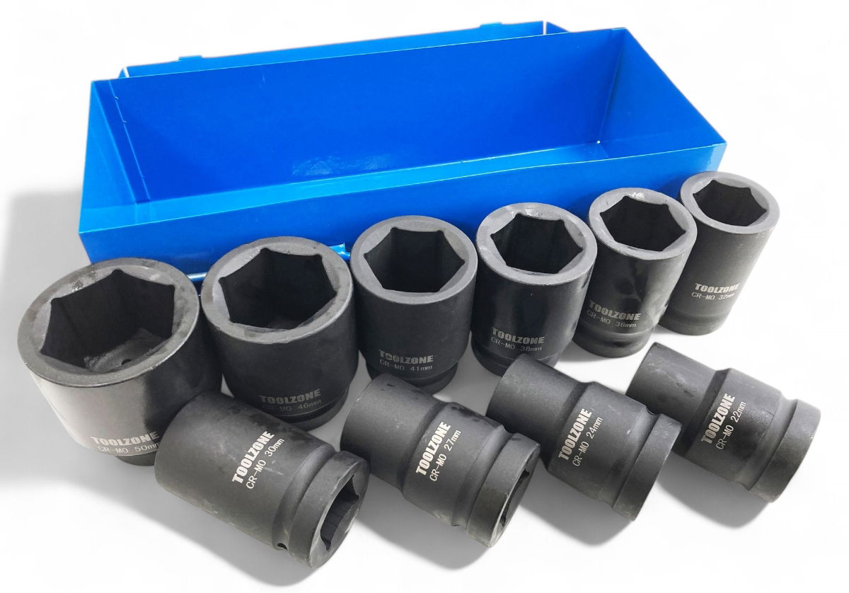 IMPACT SOCKET SET 1 DRIVE DEEP 10pc 22-50mm CHROME MOLYBDENUM - TOOLZONE KDPSS033 image 1