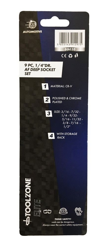 SOCKET SET 1/4 DRIVE DEEP AF 9pc 3/16-1/2 CRV POLISHED - TOOLZONE KDPSS035 thumbnail 3