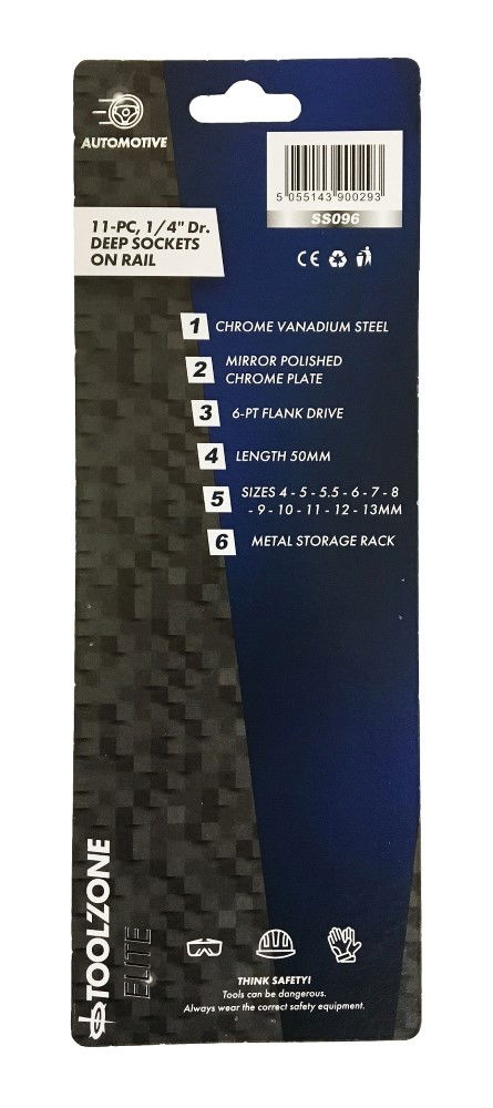 SOCKET SET 1/4 DRIVE DEEP CRV 11 PIECES 4-13mm SINGLE HEX - TOOLZONE KDPSS096 thumbnail 3