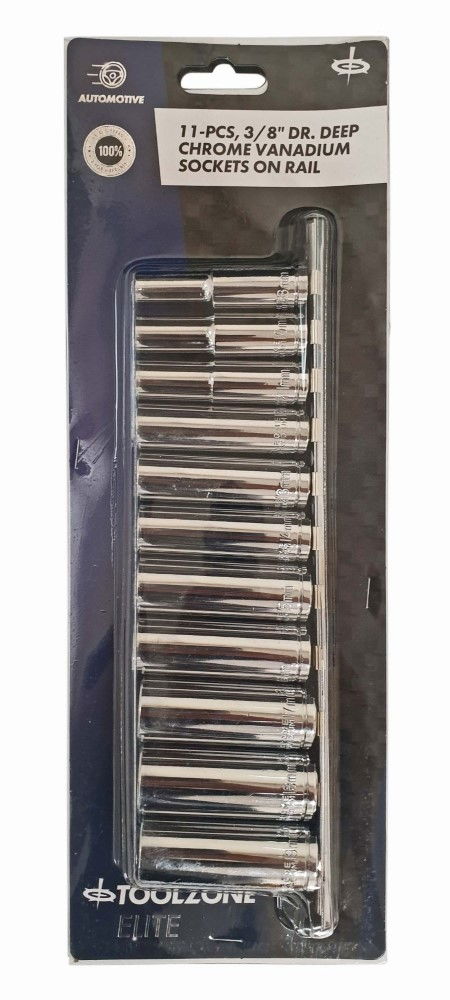 SOCKET SET 3/8 DRIVE DEEP CRV 11 PIECES 8-19mm SINGLE HEX - TOOLZONE KDPSS097 image 1