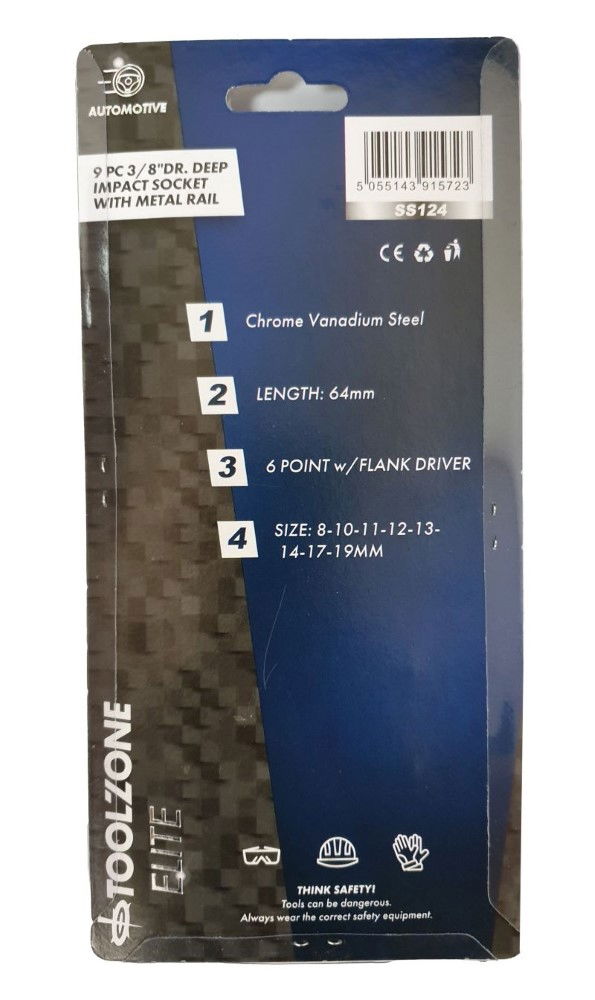 IMPACT SOCKET SET 3/8 DRIVE DEEP 8 PIECES 8-19mm - TOOLZONE KDPSS124 thumbnail 2