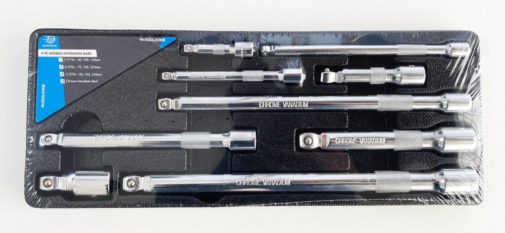 EXTENSION BAR SET WOBBLE CRV 9 PIECES 1/4 3/8 1/2 DRIVE - TOOLZONE KDPSS146 thumbnail 2